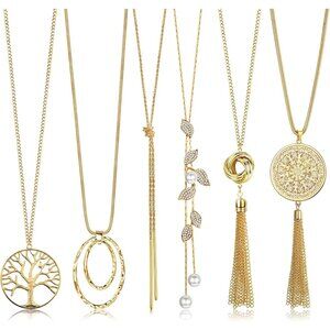 6-Piece Women's Long Necklace Set with Tassel, Leaf, Bar, Snake, and Layered Sty